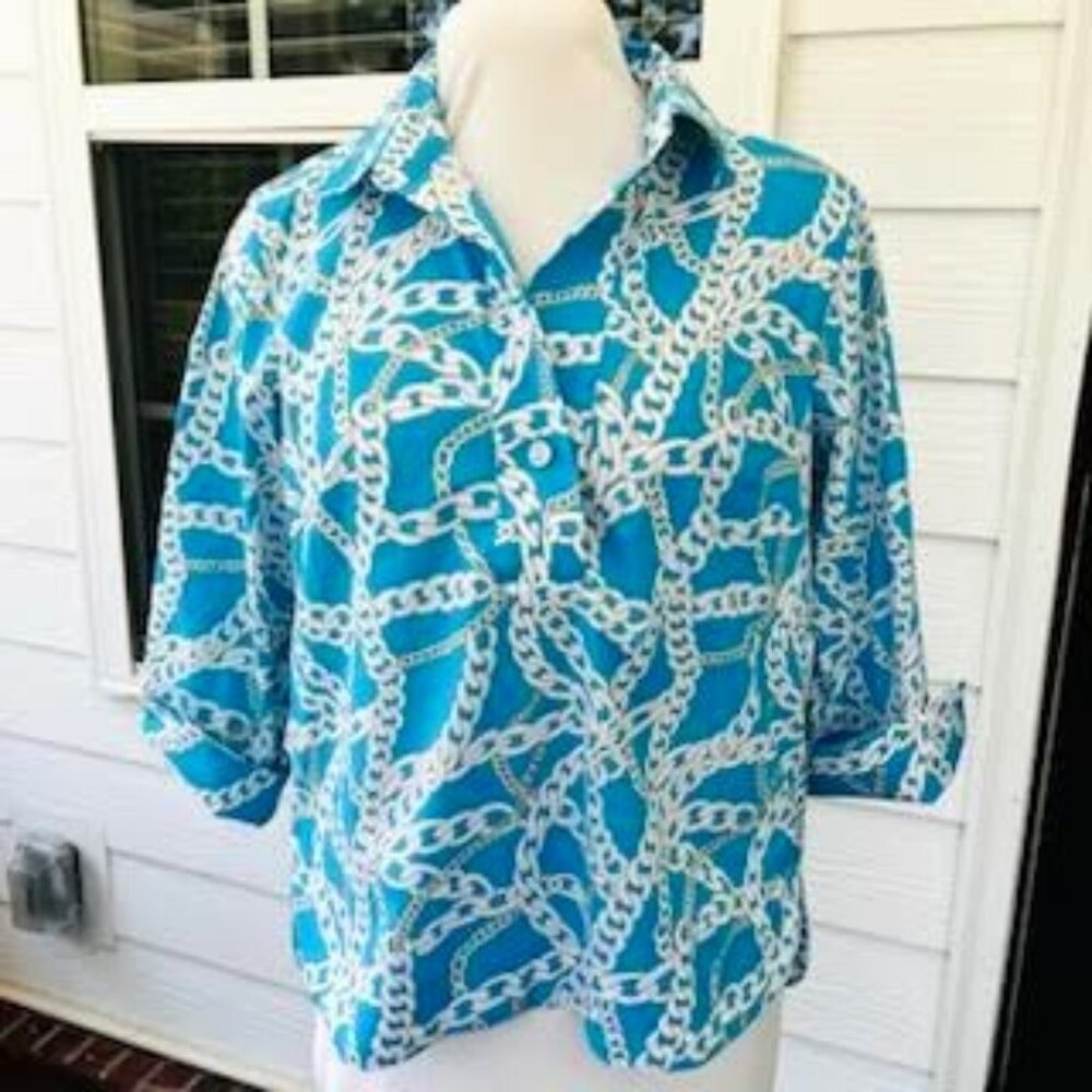 Hinson Wu Aileen Button Back Blouse Coastal Blue White Women’s 6 Classic